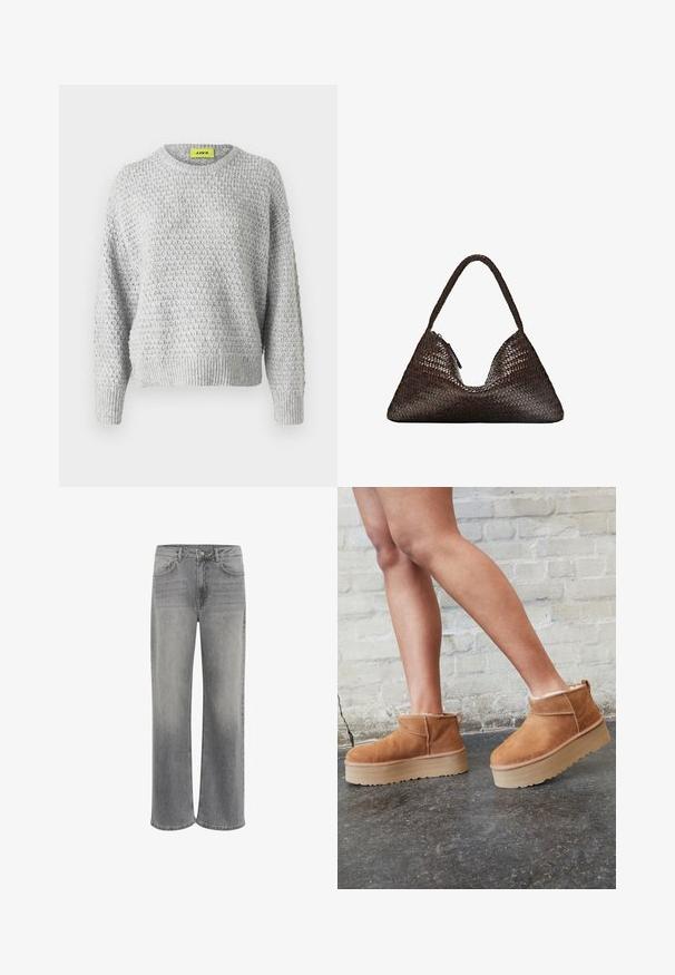 Grå fuskpäls kort jacka med långa ärmar och bred krage, som har en synlig varumärkesetikett innanför kragen.; Ljusgrå stickad tröja med ett strukturerat mönster, rund halsringning och ribbade ärmslut och nederkant. Avslappnad passform. Etikett synlig inuti kragen.; Vit t-shirt med kort ärm i bomull. Har en rundad halsringning och en avslappnad passform. Slät textur utan synliga mönster eller detaljer.; Breda jeans i grå denim, med hög midja, fem fickor, en knappstängning fram och subtil blekning på tyget.; Bruna mocka ankelskor med en fluffig foder, tjock beige plattformssula och en dragflik bak. Texturerad yta med synliga sömdetaljer.; Mörkbrun triangelformad vävd läderhandväska med ett enda flätat handtag och synlig dragkedjekloss på ena sidan.; Set om åtta silverringar, med olika mönster inklusive släta, texturerade och en med små pärlor. Funktioner inkluderar kurvor och detaljer.
