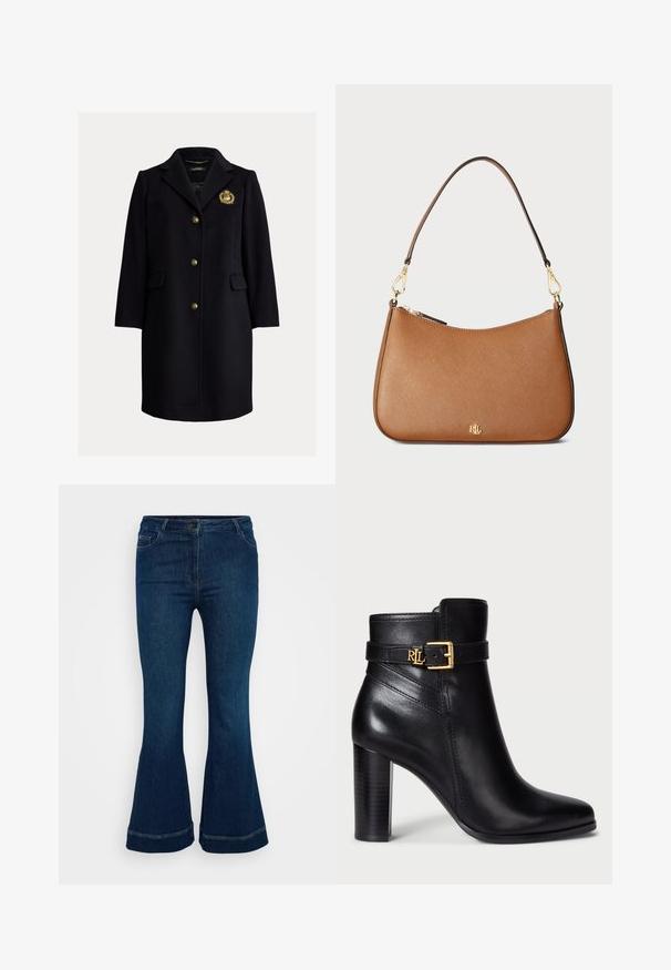 Tmavomodrý kabát z vlnenej zmesi s výrezovým golierom, zlatými gombíkmi, bočnými vreckami a vyšívaným emblémom na hrudi.; Biela priliehavá blúzka s lodičkovým výstrihom, krátkymi rukávmi s manžetami a hladkým, jemným materiálom. Jednoduchý dizajn bez vzorov alebo ozdôb.; Tmavomodré rozšírené džínsy vyrobené z denimu, s piatimi vreckami, zapínaním na gombík a kontrastným prešívaním na leme.; Čierne kožené členkové topánky s lesklým povrchom, špicatou špičkou a zlatou sponou na remienku. Majú vyšší hrubý opätok.; Hnedá kožená kabelka s textúrovaným povrchom a zakriveným tvarom, zlatými detailmi a jedným ramenným popruhom. Obsahuje zipsové uzatvorenie a detail loga.; Zlaté náušnice na klip s veľkým bielym perlou, ktoré majú malý rad jasných rhinestones pozdĺž pántu.