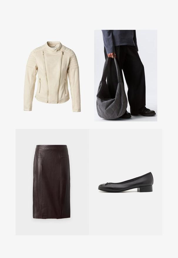 Béžová bunda s přiléhavým střihem, se dvěma předními kapsami na zip a vertikálními zipy. Texturované ramenní panely dodávají na detailu.; Pruhovaný svetr s límečkem. Vyroben z měkké, strukturované tkaniny v tmavě šedých a krémových pruzích. Uvolněný střih s dlouhými rukávy.; Hnědá kožená tužková sukně s hladkým povrchem, která má vysoký pas, dvě přední kapsy a délku ke kolenům.; Černé kožené baleríny s malým obdélníkovým podpatkem, kulatou špičkou, dekorativní mašlí a elastickým lemem na otvoru.; Šedá látková taška na rameno s uvolněným tvarem, která má hladkou texturu a široké popruhy. Tašku drží osoba ve tmavých kalhotách.