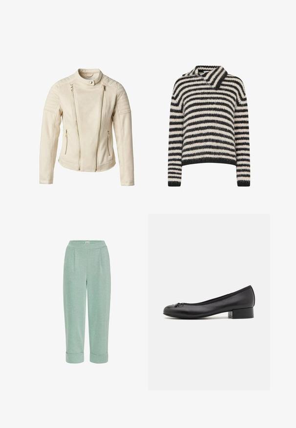 Bežna jakna s prilegajočim designom, ki ima dva sprednja žepka na zadrgo in navpične zadrge. Teksturiši paneli na ramenih dodajajo podrobnost.; Pasičasta pulover z ovratnikom. Narejen iz mehke, teksturirane tkanine v temno sivi in smetani črtah. Ohlapen kroj z dolgimi rokavi.; Svetlo zelene skrajšane hlače z mehkimi teksturami, ki imajo zavihan rob in sprednje nabore, zasnovane za udobje in sproščeno nošenje.; Črne usnjene balerinke z majhnim pravokotnim peto, zaobljenim nosom, okrasno pentljo in elastičnim obodom na odprtini.