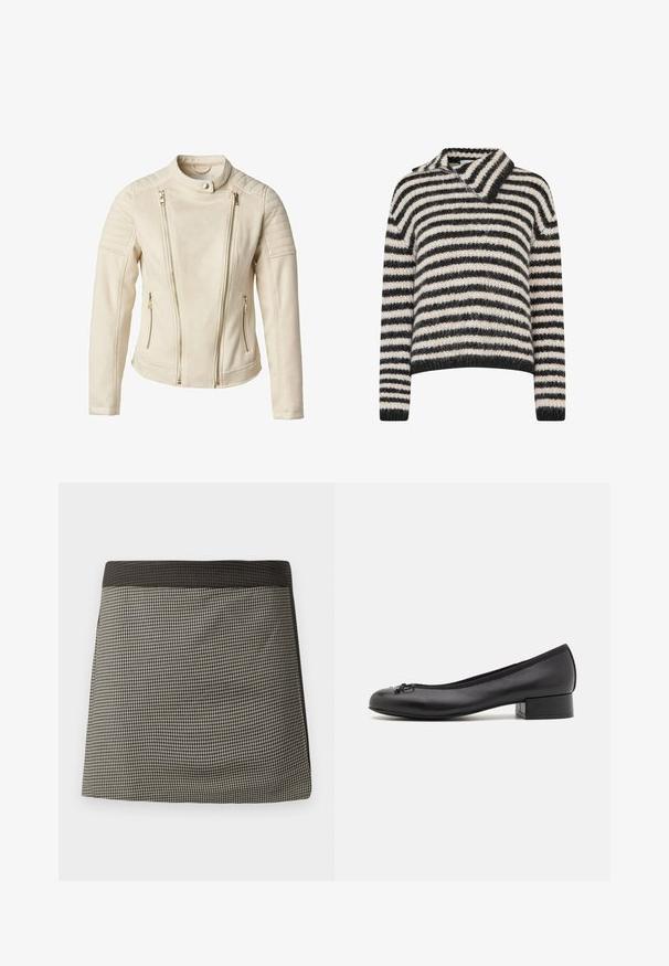 Béžová bunda s přiléhavým střihem, se dvěma předními kapsami na zip a vertikálními zipy. Texturované ramenní panely dodávají na detailu.; Pruhovaný svetr s límečkem. Vyroben z měkké, strukturované tkaniny v tmavě šedých a krémových pruzích. Uvolněný střih s dlouhými rukávy.; Černá a krémová kostkovaná sukně s jednobarevným černým pasem. Má rovný střih, hladkou texturu a jednotný vzor po celé ploše.; Černé kožené baleríny s malým obdélníkovým podpatkem, kulatou špičkou, dekorativní mašlí a elastickým lemem na otvoru.