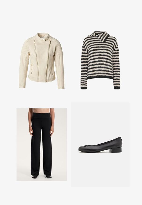 Bežna jakna s prilegajočim designom, ki ima dva sprednja žepka na zadrgo in navpične zadrge. Teksturiši paneli na ramenih dodajajo podrobnost.; Pasičasta pulover z ovratnikom. Narejen iz mehke, teksturirane tkanine v temno sivi in smetani črtah. Ohlapen kroj z dolgimi rokavi.; Črne široke športne hlače z visokim pasom. Narejene iz gladkega, raztegljivega materiala, z udobnim fitom in rahlo teksturo.; Črne usnjene balerinke z majhnim pravokotnim peto, zaobljenim nosom, okrasno pentljo in elastičnim obodom na odprtini.