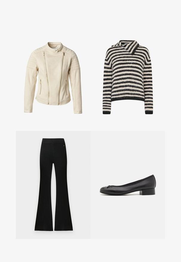 Beige jacket with a fitted design, featuring two front zip pockets and vertical zippers. Textured shoulder panels add detail.; Striped sweater featuring a collared neckline. Made of a soft, textured fabric in dark gray and cream stripes. Relaxed fit with long sleeves.; Black ribbed flared pants with a smooth waistband. Made from textured fabric, featuring a slight shimmer and a small logo accent.; Black leather ballet flats with a small rectangular heel, rounded toe, decorative bow detail, and elastic trim at the opening.