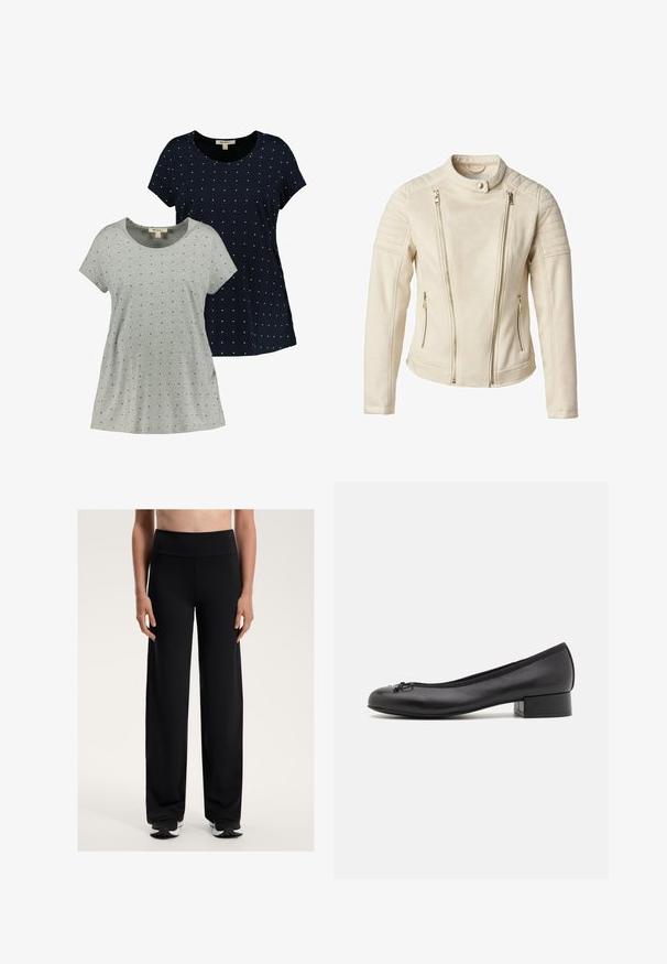 Beige jakke med en tætsiddende design, der har to frontlommer med lynlås og lodrette lynlåse. Teksturerede skulderpaneler tilføjer detaljer.; To korte ærmel skjorter, en grå og en marineblå, begge har små hvide prikkemønstre, lavet af blødt bomuldsstof med rund halsudskæring.; Sorte vidde træningsbukser med høj talje. Fremstillet af glat, strækbart stof med en afslappet pasform og subtil tekstur.; Sorte læderballetsko med en lille rektangulær hæl, rund tå, dekorativ sløjfedetalje og elastisk kant ved åbningen.