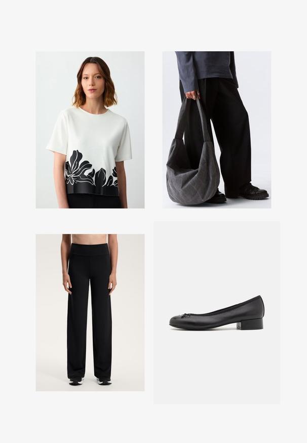 Beige jas met een aangesloten ontwerp, voorzien van twee frontale ritszakken en verticale ritsen. Getextureerde schouderpanelen voegen detail toe.; Witte korte mouwen top met een contrasterend zwart bloemenontwerp langs de zoom. Zachte textuur met een ronde halslijn.; Zwarte zware sportbroek met een hoge tailleband. Gemaakt van glad, rekbaar materiaal, met een comfortabele pasvorm en een subtiele textuur.; Zwarte leren ballerina's met een kleine rechthoekige hak, ronde neus, decoratieve strikdetail en elastische rand bij de opening.; Grijze stoffen schoudertas met een slonzig ontwerp, featuring een zachte textuur en brede straps. De tas wordt vastgehouden door een persoon in donkere broek.