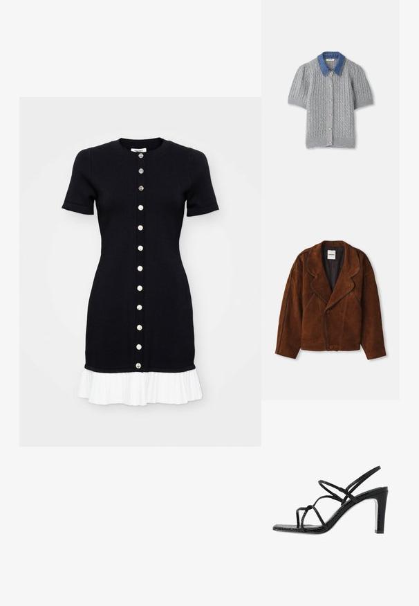 Barna sued bőrdzseki, amely kivágott gallérral, oversized fazonnal, kétsoros gombolással és kontrasztos paszpolozással rendelkezik az oldalvarrások mentén.; Fekete kötött ruha rövid ujjakkal, kerek kivágással és fehér plisszírozott szegéllyel. Elöl gombos záródással rendelkezik, ellentétes színű gombokkal.; Szürke kötött rövid ujjú kardigán, kábelmintával, denevérszárnyú gallérral és öt arany gombbal az elején.; Fekete magassarkú szandál vékony pántokkal, texturált felsőrésszel, nyitott orral és karcsú, hegyes sarkú kialakítással. Simább talpbélével és fényes felületével rendelkezik.
