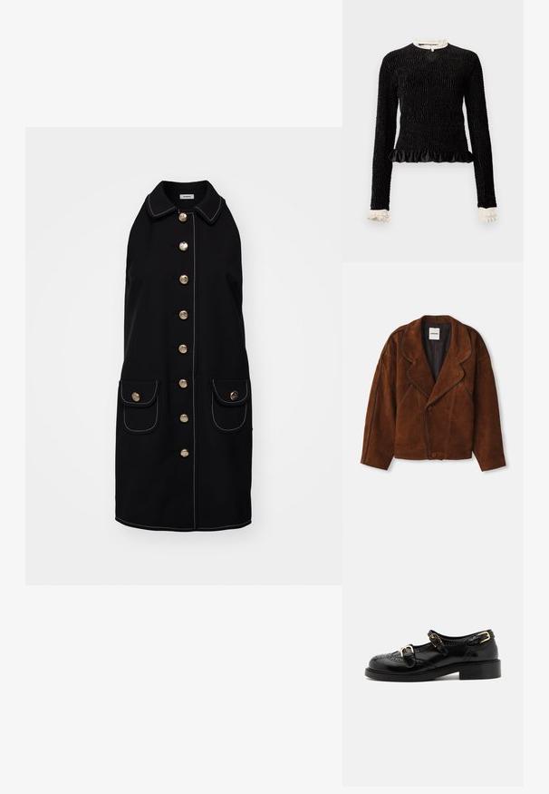 Brun ruskindsjakke med slået krave, overdimensioneret pasform, dobbeltradet lukning og kontrasterende piping langs sømmene.; Sort langærmet top med struktureret stof, flæset kant og hvide flæsede detaljer ved kraven og manchetterne. Har en centralt loopet lukning.; Sort ærmeløs frakke med krave, med gyldne knapper ned langs fronten, to forlommer og hvide stingdetaljer.; Sorte lædersko med brogue-detaljer, der har to spænder, rund tå og lav hæl. Glat tekstur med blank finish.