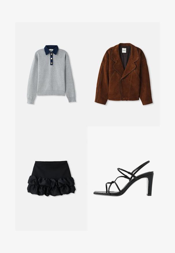 Barna sued bőrdzseki, amely kivágott gallérral, oversized fazonnal, kétsoros gombolással és kontrasztos paszpolozással rendelkezik az oldalvarrások mentén.; Szürke pulóver sötétkék farmer gallérral, három arany gombbal és bordás mandzsettákkal. Puha tapintású, laza stílusú.; Fekete mini szoknya, amely illeszkedő topból készült, és alján három réteg fodros anyag található, sima textúrával és tiszta vonalakkal.; Fekete magassarkú szandál vékony pántokkal, texturált felsőrésszel, nyitott orral és karcsú, hegyes sarkú kialakítással. Simább talpbélével és fényes felületével rendelkezik.