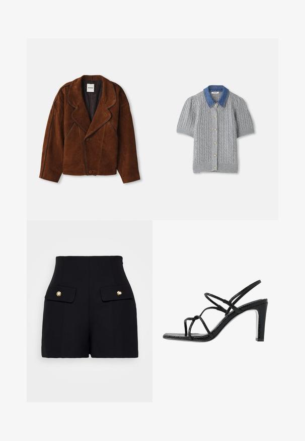 Ruda suedinė striukė su išpjauta apykakle, per dideliu siluetu, dvigubos eilės uždarymu ir kontrastingai dygsniuoto audinio apdaila.; Pilkas megztas trumpomis rankovėmis kardiganas su pynimo raštu, turintis džinsinį apykaklę ir penkis auksinius mygtukus priekyje.; sandro Šortai - noir; Juodi aukšti sandalai su plonomis dirželėmis, tekstūruotu paviršiumi, atvira kojų pirštų dalimi ir elegantišku, smailiu kulnu. Yra lygus įdėklas ir blizgus paviršius.