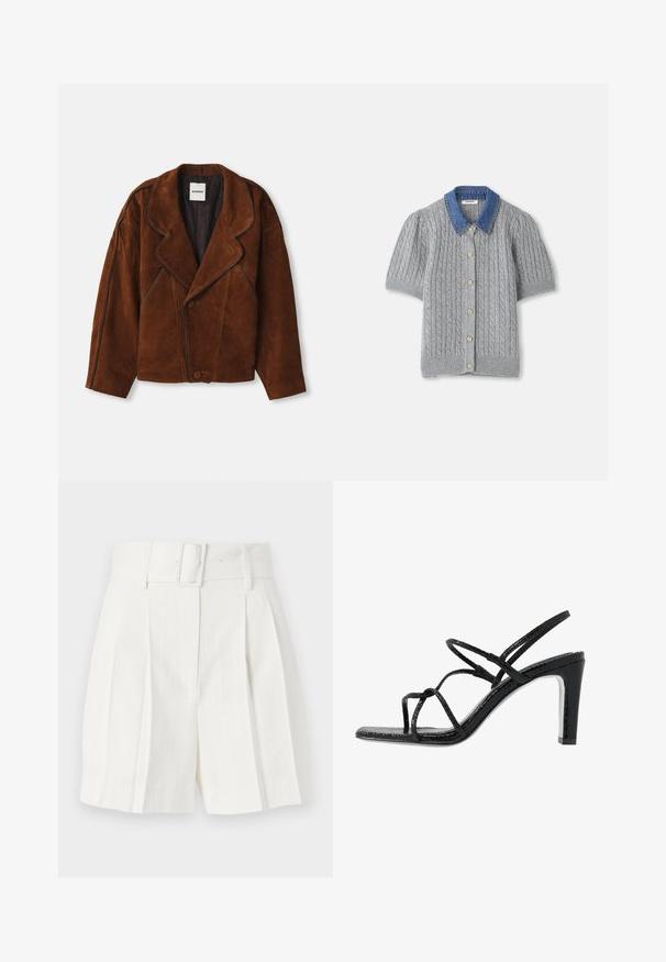 Bruine suede jas met een gekarteld kraag, oversized pasvorm, dubbele knoopsluiting en contrasterende piping langs de naden.; Grijze gebreide kortärmsgilet met een kabelpatroon, voorzien van een denim kraag en vijf gouden knopen aan de voorkant.; sandro RECOUPE BRIDAL CAVERNI - Shorts - ecru; Zwarte hoge sandalen met dunne banden, een gestructureerde afwerking, open teen en een slank, puntig hakontwerp. Beschikt over een gladde inlegzool en een glanzend oppervlak.
