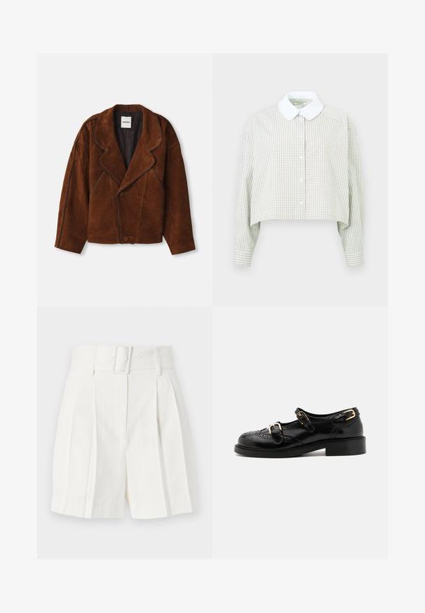 Barna sued bőrdzseki, amely kivágott gallérral, oversized fazonnal, kétsoros gombolással és kontrasztos paszpolozással rendelkezik az oldalvarrások mentén.; Rövidített gombos ing világoszöld és fehér kockás mintázatban. Fehér gallérral és gombos mandzsettával ellátott hosszú ujjakkal rendelkezik. Puha anyag.; sandro RECOUPE BRIDAL CAVERNI - Rövidnadrágok - ecru; Fekete bőrcipők brogue díszítéssel, két csattal, lekerekített orral és alacsony sarokkal. Simább felület fényes kivitelben.