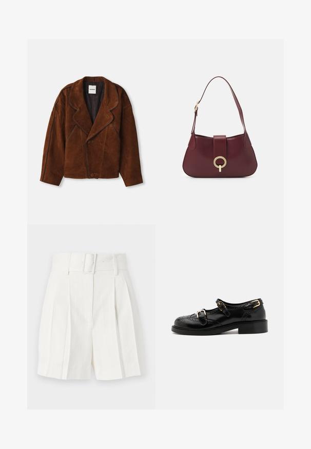Hnedá semišová bunda s ohnutým golierom, voľným strihom, dvojradovým zapínaním a kontrastným lemovaním pozdĺž švov.; Krátka košeľa s gombíkmi v svetlozelenej a bielej kárované vzore. Má biely golier a dlhé rukávy s gombíkovými manžetami. Mäkkučký materiál.; sandro RECOUPE BRIDAL CAVERNI - Šortky - ecru; Čierne kožené topánky s brogue detailami, vybavené dvoma prackami, zaoblenou špičkou a nízkym podpätkom. Hladká textúra s lesklým povrchom.; Burgundská kožená kabelka s oblým tvarom, zlatým kruhovým kovovým detailom a jedným ramenným popruhom. Hladký povrch, minimalistický dizajn.