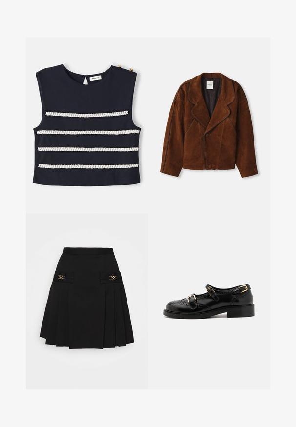 Rjava semiš jakna z razrezanim ovratnikom, prevelikim krojem, dvostranskim zapiranjem in kontrastnim obrobjem vzdolž šivov.; Temno moder brezrokavnik z vodoravnimi belimi črtami, okrašenimi z bisernimi detajli, z zarezo na hrbtu in zlatimi gumbki.; Črna plisirana krila z zlatimi dodatki. Ima stranske žepe z logotipom, izdelana je iz gladkega materiala. A-linijska silhueta.; Črne usnjene čevlje z brogu podrobnostmi, ki vključujejo dva zaponka, okroglo konico in nizko peto. Gladka tekstura z sijočim zaključkom.