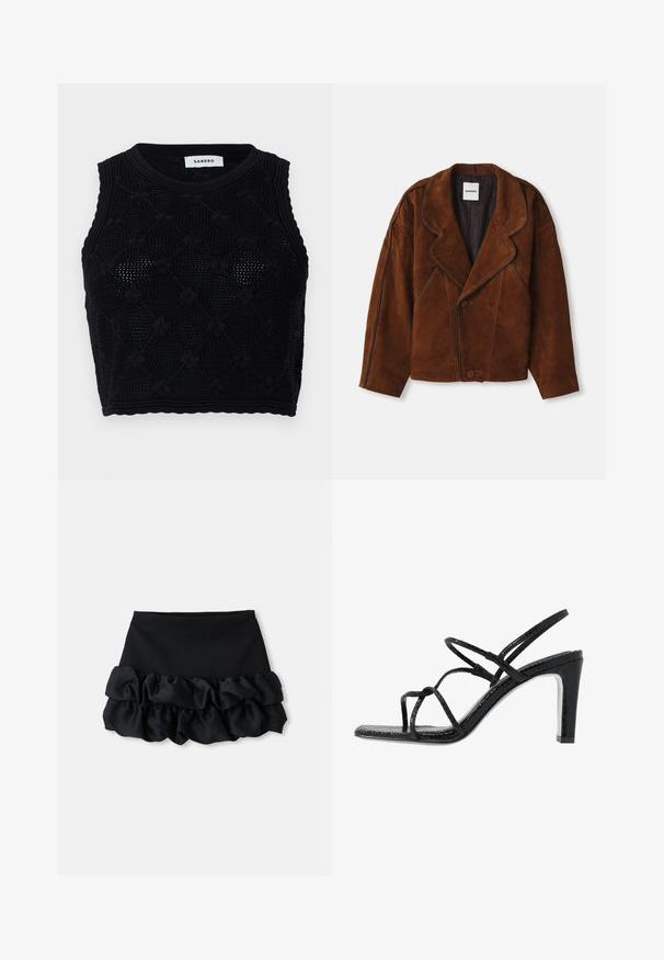 Brun ruskindsjakke med slået krave, overdimensioneret pasform, dobbeltradet lukning og kontrasterende piping langs sømmene.; sandro Top - noir; Grå strikket kortærmet cardigan med et kabelmønster, som har en denimkrave og fem guldknapper foran.; Sort mini-skjorte med en tætsiddende top og tre lag af flæser nederst, med en glat tekstur og rene linjer.; Sorte hælede sandaler med tynde stropper, en tekstureret overflade, åben tå og et slankt, spidst hældesign. Har en glat indersål og en skinnende overflade.