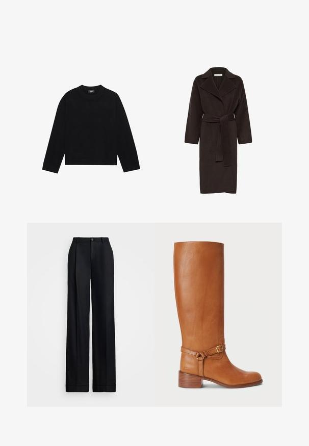 Barna, bolyhos köntös, kerekített gallérral, hosszú ujkkal és egy illeszkedő övvel. Puha textúrával rendelkezik, és diszkrét logó részlet található az ujjon.; Fekete, környakú, hosszú ujjú pulóver, bordás mandzsettákkal és aljjal, puha anyagból készült. Egyszerű, letisztult design, minta vagy díszítés nélkül.; Fekete, bő szárú nadrág sima felülettel, lapos elejével, övhurkokkal és egyetlen gombos záródással a deréknál.; Magas, barna bőrcipők sima felülettel, oldalán csatos pánttal és rétegelt sarkal. A felsőrész letisztult, díszítés nélküli dizájnnal rendelkezik.