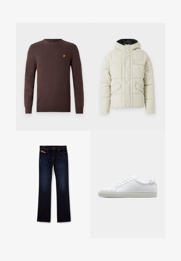 Lichtbeige gewatteerde jas met een ritssluiting aan de voorkant, drie klepzakken en een met zwart gevoerd capuchon, ontworpen voor koud weer.; Bruine trui gemaakt van zachte gebreide stof, met een ronde halslijn en lange mouwen. Borduurwerk van een gele vogel op de borst als accent.; Donkerblauwe denim jeans met een rechte pijp, voorzien van oranje stiksels, een ritssluiting en voorzakken. Glad oppervlak en een standaard tailleband.; Witte sneaker met een gladlederen bovenwerk en een laag profiel. Voorzien van een ronde neus, zes vetergaatjes en een gestructureerde rubberen zool.