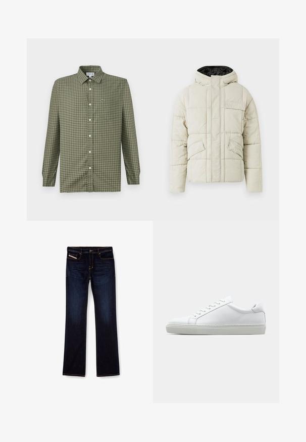 Világos bézs színű steppelt dzseki, elülső cipzárral, három zsebből álló, fedelezett zsebel, és fekete bélésű kapucnival, hideg időjárásra tervezve.; Zöld kockás gombos ing, gallérral, hosszú ujjal, bal mellkason egy kis Lacoste logóval. Könnyű anyagból készült.; Sötétkék farmernadrág egyenes lábbal, narancssárga varrással, cipzáras sliccsel és elülső zsebekkel. Simább tapintású és standard derékkal rendelkezik.; Fehér sportcipő sima bőr felső résszel és alacsony profilsal. Kerek orr, hat fűzőlyuk és barázdált gumitalp jellemzi.