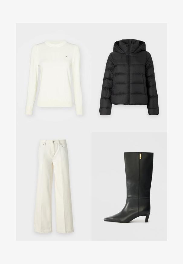 Juodas pūkinis švarkas su užtrauktuku priekyje ir gobtuvu. Yra vertikaliai kvadratinės siūlės ir elastiniai rankogaliai, pagamintas iš lygaus, lengvo medžiagos.; Šviesios grietinėlės spalvos megztinis, pynimo tekstūra, apykaklė su apvaliu iškirpimu, ilgos rankovės, raštuoti rankogaliai ir apatinė dalis. Subtilus logotipo akcentas krūtinėje.; Platūs balti džinsai, pagaminti iš medvilnės mišinio. Yra užtrauktukas, penkių kišenių dizainas ir siūlės išsiuvinėjimas.; Juodas odinis iki kelių botai su smailiu pirštu ir mažais kulnais. Ypatinasi lygiu dizainu su aukso akcentu. Lygus paviršius.