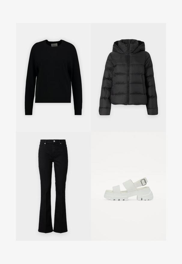 Mustmust jakk, millel on esimesest lukuga sulgemine ja kapuuts. Omab vertikaalseid tikandiosi ja elastseid mansette, valmistatud siledast ja kergest materjalist.; Mustar musta kootud sviiter ümmarguse kaelusega, pikad raglan varrukad ja soonikääre. Sujuv tekstuur, minimaalne disain, ilmsed mustrid või aktsendid puuduvad.; Mustast denimist valmistatud laienevad teksad, millel on sile tekstuur; sisaldavad esimeseid taskuid, lukuga tõmblukk ja hõbedast metallist detailid.; Valged sandaalid paksu tallaga, millel on kaks laia rihma ja pannal ümber pahkluu. Sile tekstuur, minimalistlik disain.