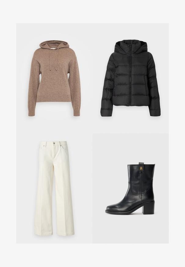 Črna puhovka z zadrgo spredaj in kapuco. Ima navpične prešite sekcije in elastične manšete, izdelana iz gladkega, lahkega materiala.; Rjava kapuca iz mehkega pletenega materiala, s kapuco na vrvico, dolgimi rokavi ter rebrasto obrobo in manšetami.; Široke bele kavbojke so narejene iz mešanice bombaža. Imajo zadrgo, pet žepov in šive vzdolž šivov.; Črne usnjene škornje do polovice teleta z blok peto in zlatim logotipom "TH" na zanki za vlečenje, postavljene na belo ozadje.