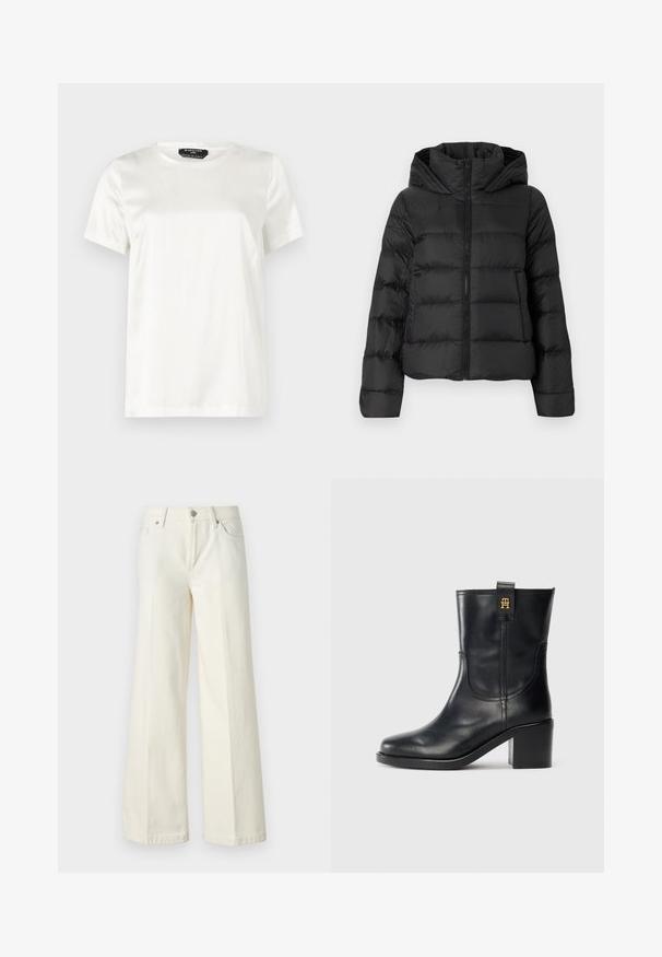 Black puffer jacket with a zip front and a hood. Features vertical quilted sections and elastic cuffs, made from a smooth, lightweight material.; White short-sleeve t-shirt in smooth, shiny fabric with a round neckline. Features a subtle sheen and minimalist design.; Wide-leg white jeans made from cotton blend fabric. Features a zipper fly, five-pocket design, and stitching along the seams.; Black leather mid-calf boot with block heel and gold "TH" logo on pull tab against white background.