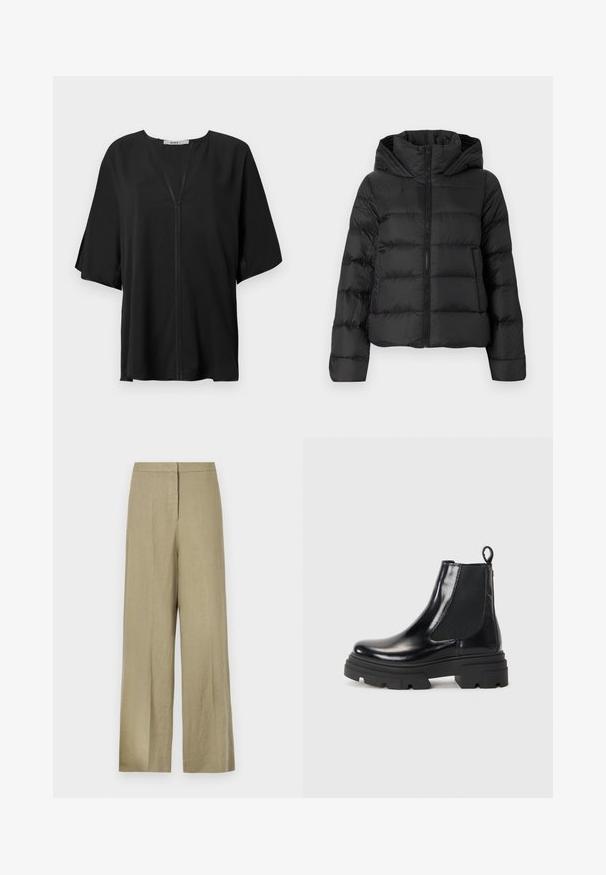 Črna puhovka z zadrgo spredaj in kapuco. Ima navpične prešite sekcije in elastične manšete, izdelana iz gladkega, lahkega materiala.; Črna bluza iz lahkega materiala, z V-izrezom, ohlapnimi kratkimi rokavi in osrednjim šivom. Gladka tekstura z udobnim krojem.; Svetlo zelene hlače širokega kroja iz lanu. Imajo visok pas in čist prednji dizajn z enim pregibom.; Črne usnjene gležnjarje z elegantnim dizajnom, elastičnimi stranskimi paneli in debelim črnim podplatom. Imajo zanko na hrbtnem delu za enostavno obuvanje.