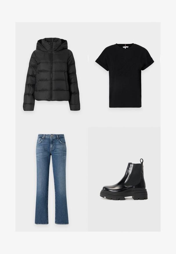 Black puffer jacket with a zip front and a hood. Features vertical quilted sections and elastic cuffs, made from a smooth, lightweight material.; Black cotton t-shirt with rolled short sleeves, featuring an embossed logo in the center and a small flag accent on the side.; Blue denim jeans with a flared leg design, five-pocket styling, and a front button closure, featuring a mid-rise waistband and faded finish.; Black leather ankle boots with a sleek design, elastic side panels, and a chunky black sole. Features a pull tab at the back for easy wear.