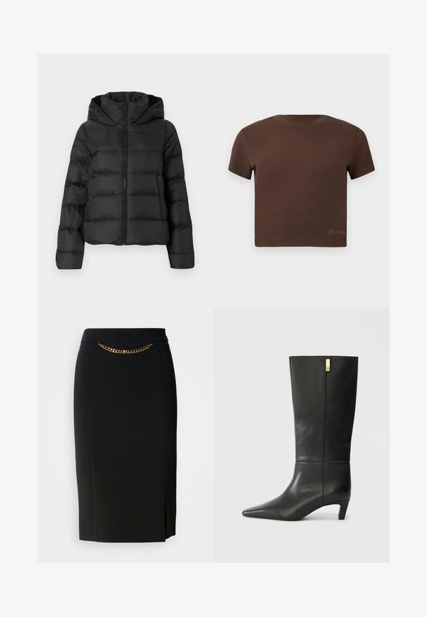 Czarna kurtka puchowa z zamkiem błyskawicznym z przodu i kapturem. Posiada pionowe pikowane sekcje oraz elastyczne mankiety, wykonana z gładkiego, lekkiego materiału.; Brązowy krótki t-shirt wykonany z miękkiej bawełny, z krótkimi rękawami i okrągłym dekoltem. Zawiera subtelne złote logo „Guess” na dole.; Czarna spódnica ołówkowa z delikatnym rozcięciem, z złotym łańcuchem w talii. Wykonana z gładkiego, elastycznego materiału dla wygody.; Czarne skórzane kozaki za kolano z wysmuklonym noskiem i niewielkim obcasem. Charakteryzują się eleganckim wzornictwem z złotym akcentem. Gładka tekstura.