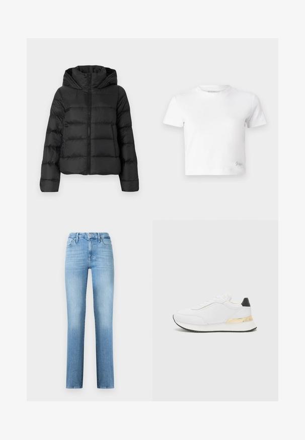 Mustat puhvitakki vetoketjukiinnityksellä ja hupulla. Ominaisuuksiin kuuluu pystysuorat tikkaukset ja elastiset hihansuut, ja se on valmistettu sileästä, kevyestä materiaalista.; Valkoinen lyhytcropattu t-paita, joka on valmistettu sileästä puuvillasta. Siinä on korkea kaula-aukko ja lyhyet hihat. Pienessä alakulmassa on brodeerattu logo.; Vaaleansiniset suorat farkut, jotka on valmistettu denimistä ja joissa on klassinen viiden taskun muotoilu sekä tikattu vyötärö, jossa on edessä napitus.; Valkoiset sneakerit, joissa on sileä pinta, musta kantapääkoriste ja kultainen metalliviimeistely keskikannan kohdalla. Nauhakiinnitys, kumipohja.