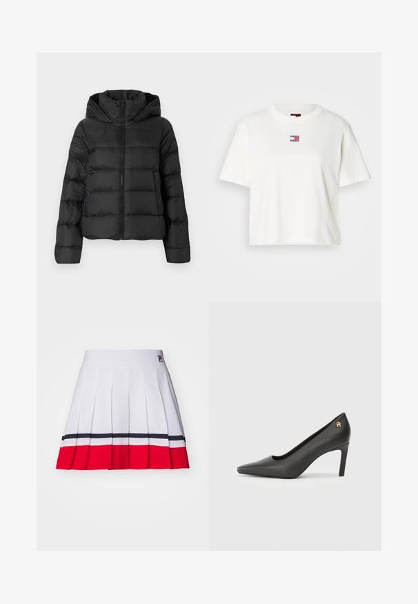 Crna puffer jakna s patentnim zatvaračem sprijeda i kapuljačom. Ima vertikalne kviltane detalje i elastične manžete, izrađena od glatkog, laganog materijala.; Bijela pamučna majica s okruglim izrezom i kratkim rukavima. Na prsima se nalazi mala perjanica s bojama crvene, plave i bijele.; Plisirana suknja od bijelog materijala s horizontalnim crvenim i mornarskoplavim prugama na rubu, s glatkim pojasom i oznakom loga.; Crne lakirane cipele na visoku petu sa špicastim nožnim prstom, s malim zlatnim logom na peti. Glatka tekstura, elegantan dizajn.