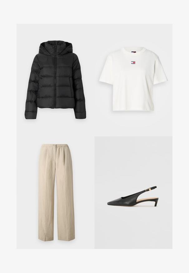 Černá péřová bunda se zipem vpředu a kapucí. Má vertikálně prošívané části a elastické manžety, vyrobená z hladkého, lehkého materiálu.; Bílý bavlněný tričko s kulatým výstřihem a krátkými rukávy. Na hrudi se nachází malá barevná nášivka s červenými, modrými a bílými akcenty.; Béžové kalhoty s širokými nohavicemi vyrobené z měkké látky, se skládacím elastickým pasem a předním zapínáním na knoflík. Hladká textura s řasením.; Černý kožený slingback s jehlovým podpatkem a špičatou špičkou, nízkým podpatkem a nastavitelným kotníkovým popruhem se zlatým přezkou. Hladký povrch.