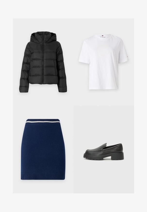 Juodas pūkinis švarkas su užtrauktuku priekyje ir gobtuvu. Yra vertikaliai kvadratinės siūlės ir elastiniai rankogaliai, pagamintas iš lygaus, lengvo medžiagos.; Balta medvilninė marškinė su apvalia kaklo išpjova, trumpomis rankovėmis ir subtiliu geltonu logotipu, kuris sako "HILFIGER NEW YORK 1985." Standartinio kirpimo.; Jūrinė mezgininė sijonas su prigludusia forma, išryškinta raukšlėta juosmeniu su kontrastinga balta juostele. Glotni tekstūra, iki kelio.; Juodi odiniai loaferiai su apvaliu pirštu, storu tekstūruotu padu ir minimaliu siūlių dekoru. Išskirtinis dizainas be matomų raištelių ar furnitūros.