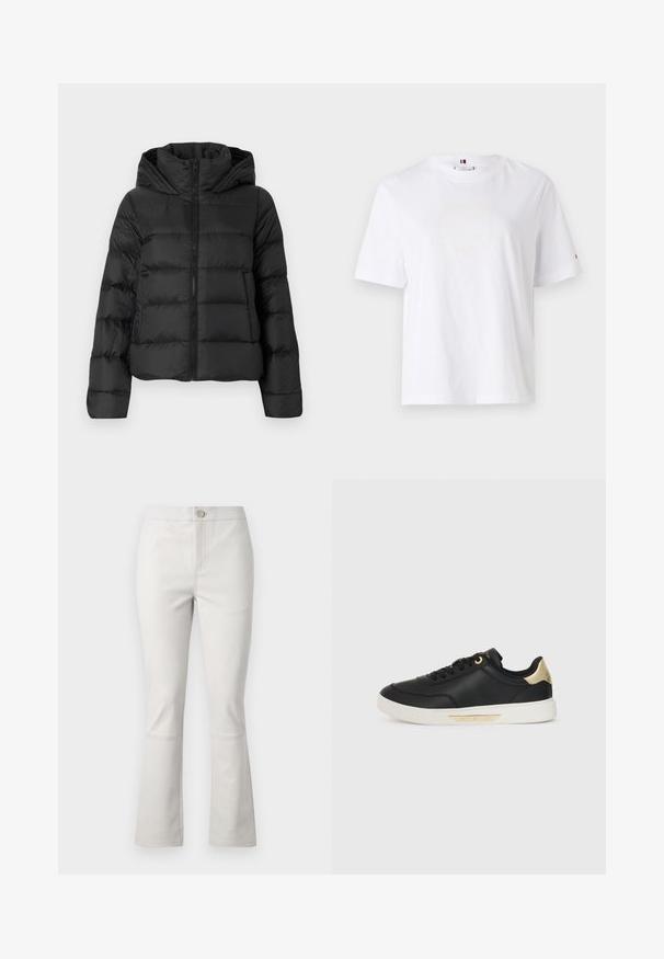 Black puffer jacket with a zip front and a hood. Features vertical quilted sections and elastic cuffs, made from a smooth, lightweight material.; White cotton T-shirt with a crew neck, short sleeves, and subtle yellow logo design reading "HILFIGER NEW YORK 1985." Standard fit.; Light gray flared pants made of cotton blend. Features front pockets, a button closure, and subtle stitching details along the seams.; Black leather sneaker with a smooth texture, white rubber sole, gold accents on the heel and eyelets, featuring a logo on the side.