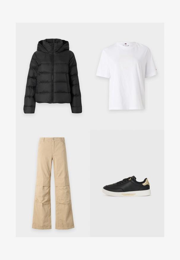 Fekete puffermellény cipzárral elöl és kapucnival. Jellemzője a függőleges steppelt részek és az elasztikus mandzsetták, sima, könnyű anyagból készült.; Fehér pamut póló, kerek nyakkivágással, rövid ujjakkal és diszkrét sárga logóval, amelyen a felirat "HILFIGER NEW YORK 1985" szerepel. Normál szabású.; Beige, laza szabású, pamut anyagú, bő szárú nadrág, látható varrással, elülső zsebekkel és gombos záródással.; Fekete bőr sportcipő sima textúrával, fehér gumitalppal, arany részletekkel a saroknál és a fűzőlyukaknál, oldalt egy logóval.