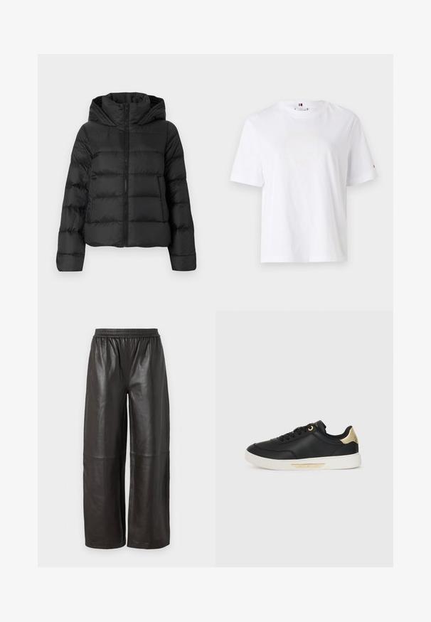 Schwarze Pufferjacke mit Reißverschluss und Kapuze. Sie verfügt über vertikale Steppnähte und elastische Bündchen und besteht aus einem glatten, leichten Material.; Weißes Baumwoll-T-Shirt mit Rundhalsausschnitt, kurzen Ärmeln und dezentem gelben Logodesign mit der Aufschrift "HILFIGER NEW YORK 1985." Standardpassform.; Schwarze Leder-Hosen mit weitem Bein, elastischem Bund, strukturiertem Finish und vertikalen Nahttunneln, die eine lockere Passform bieten.; Schwarze Ledersneaker mit glatter Textur, weißer Gummisohle, goldenen Akzenten an der Ferse und den Ösen, mit einem Logo an der Seite.