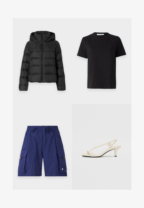 Schwarze Pufferjacke mit Reißverschluss und Kapuze. Sie verfügt über vertikale Steppnähte und elastische Bündchen und besteht aus einem glatten, leichten Material.; Schwarzes T-Shirt mit kurzen Ärmeln aus weicher Baumwolle, mit rundem Ausschnitt, lockerer Passform und glatter Textur. Keine sichtbaren Muster oder Grafiken.; Marineblaue Cargo-Shorts mit elastischem Bund, Kordelzug, mehreren Seitentaschen und orangefarbenen Akzenten an den Öffnungen der Seitentaschen.; Beige Blockabsatzsandalen mit dünnen Riemen und quadrater Spitze. Glattes Material mit minimalem Design, entworfen für einfaches Tragen.