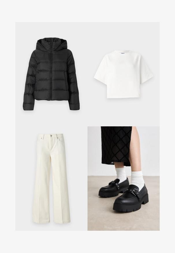 Crna puffer jakna s patentnim zatvaračem sprijeda i kapuljačom. Ima vertikalne kviltane detalje i elastične manžete, izrađena od glatkog, laganog materijala.; Bijela oversized majica kratkih raglan rukava, napravljena od mekog materijala. Ima suptilan logo na grudima i okrugli izrez.; Široke bijele traperice izrađene od mješavine pamuka. Imaju zatvarač, dizajn s pet džepova i šavove uz rubove.; Crne platforme s ravnim ulošcima od gladne kože, s detaljem kopče i zakovicama, uparene s bijelim rebrastim čarapama.