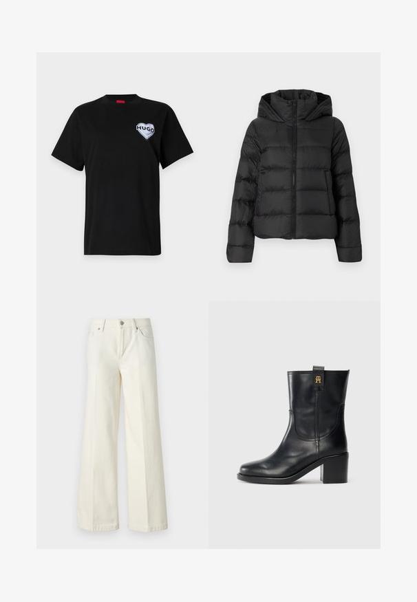 Črna puhovka z zadrgo spredaj in kapuco. Ima navpične prešite sekcije in elastične manšete, izdelana iz gladkega, lahkega materiala.; Črna bombažna majica s krožnim izrezom in kratkimi rokavi, z belim srcem oblikovanim logotipom "HUGO" na levem prsnem delu.; Široke bele kavbojke so narejene iz mešanice bombaža. Imajo zadrgo, pet žepov in šive vzdolž šivov.; Črne usnjene škornje do polovice teleta z blok peto in zlatim logotipom "TH" na zanki za vlečenje, postavljene na belo ozadje.