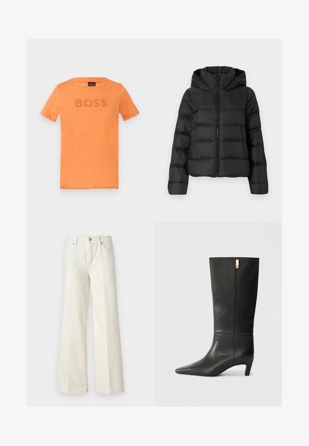 Casaco puffer preto com fecho éclair à frente e capuz. Apresenta secções verticais acolchoadas e punhos elásticos, feito de um material liso e leve.; T-shirt laranja de manga curta, feito de algodão macio, apresentando um colarinho redondo e o texto "BOSS" numa tonalidade ligeiramente mais escura na parte da frente.; Calças jeans brancas de perna larga, feitas de tecido de algodão misto. Apresentam fecho de correr, design de cinco bolsos e costura ao longo das costuras.; Bota de couro preto até ao joelho com bico fino e um pequeno tacão. Apresenta um design elegante com um detalhe em dourado. Textura suave.