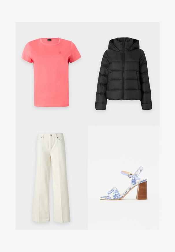 Črna puhovka z zadrgo spredaj in kapuco. Ima navpične prešite sekcije in elastične manšete, izdelana iz gladkega, lahkega materiala.; Majica s kratkimi rokavi v živahnem koralnem odtenku, izdelana iz mehkega bombaža, z okroglo ovratnico in diskretno vezenim logotipom na prsih.; Široke bele kavbojke so narejene iz mešanice bombaža. Imajo zadrgo, pet žepov in šive vzdolž šivov.; Modra sandal z cvetličnim vzorcem, s kvadratnim nosom, širokim trakom in nastavljivim gležnjevim trakom, ki ima teksturiran lesen blokast pet.