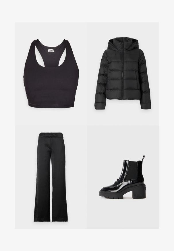 Jachetă pufată neagră cu fermoar în față și glugă. Prezintă secțiuni verticale quilted și manșete elastice, realizată dintr-un material neted și ușor.; Sutien sport negru dintr-un material neted, cu un design racerback și decolteu rotund, având un logo mic pe spate.; Pantaloni negri cu picioare largi, cu o textură netedă, având un tiv și închidere cu buton. Design simplu, potrivit pentru diverse ocazii.; Botine negre din patent, cu tocuri groase, panouri elastice laterale, curea decorativă și cusături contrastante. Textură uniformă cu un finisaj lucios.