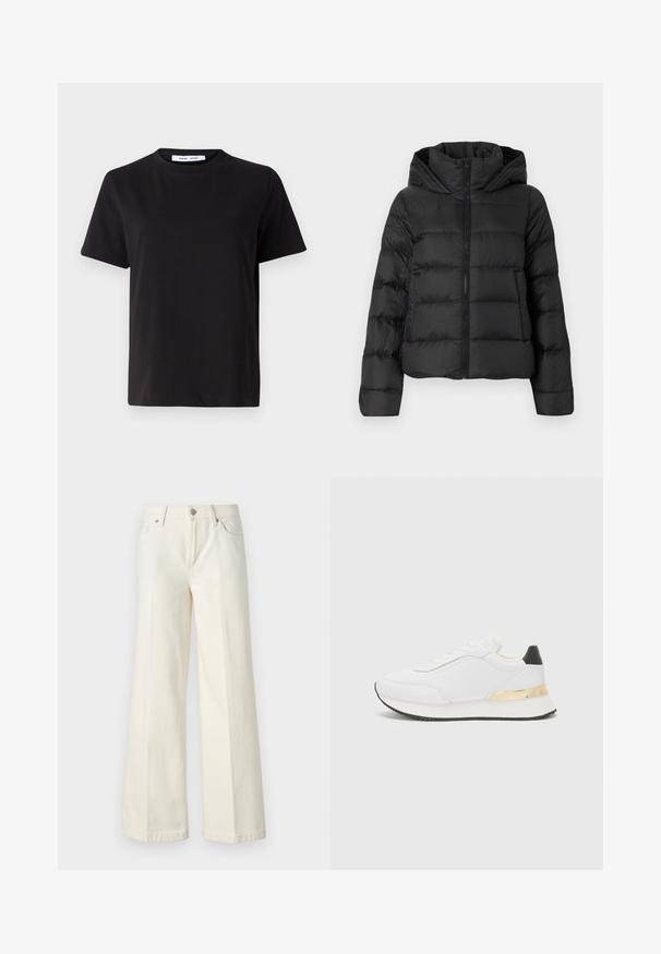 Črna puhovka z zadrgo spredaj in kapuco. Ima navpične prešite sekcije in elastične manšete, izdelana iz gladkega, lahkega materiala.; Črna majica s kratkimi rokavi iz mehkega bombaža, ki ima okroglo izrezovanje, udoben kroj in gladko teksturo. Brez vidnih vzorcev ali grafike.; Široke bele kavbojke so narejene iz mešanice bombaža. Imajo zadrgo, pet žepov in šive vzdolž šivov.; Bela tenisa z gladko površino, ki se ponaša z črnimi detajli na peti in zlatim kovinskim dodatkom na srednjem delu podplata. S sistemom vezalk, gumijast podplat.