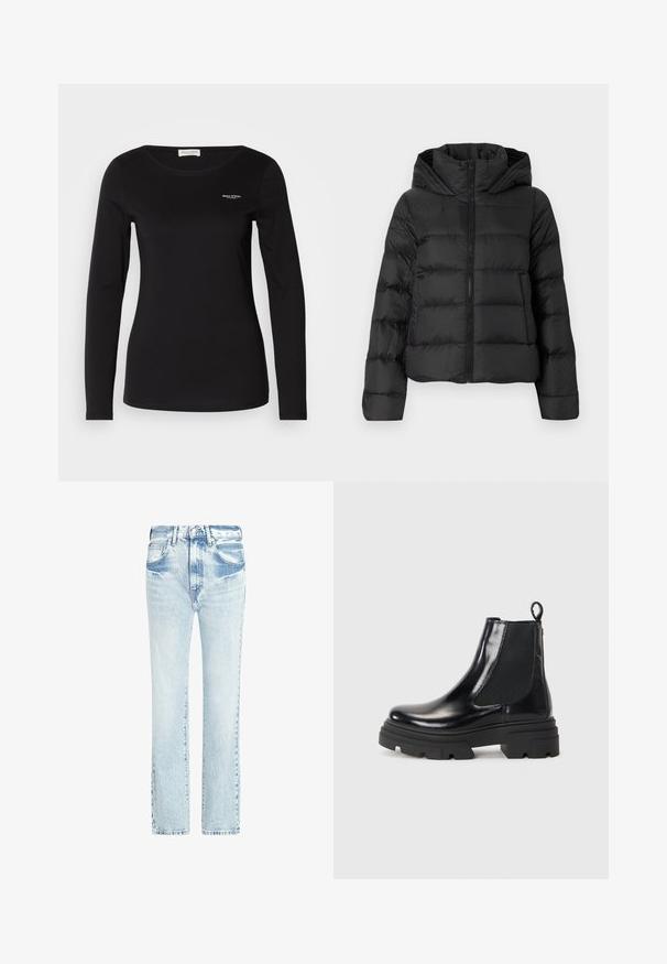 Juodas pūkinis švarkas su užtrauktuku priekyje ir gobtuvu. Yra vertikaliai kvadratinės siūlės ir elastiniai rankogaliai, pagamintas iš lygaus, lengvo medžiagos.; Juodas ilgomis rankovėmis marškinėliai, pagaminti iš minkštos medžiagos, su apvaliu kaklu. Ant viršutinio kairiojo krūtinės ploto yra nedidelis baltas logotipas.; Šviesiai mėlynos džinsinės kelnės su tiesiu sijonu, penkiomis kišenėmis ir nusidėvėjusia tekstūra. Yra matoma siuvimo linija ir klasikinis mygtuko užsegimas.; Juodi odiniai aulinukai iki kulkšnies su elegantišku dizainu, elastingais šonų užtrauktukais ir masyviu juodu padu. Yra kilpa gale, kad būtų patogu apsiauti.