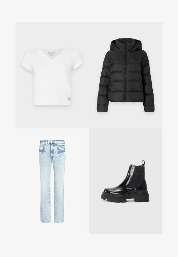 Svart puffjakke med glidelås foran og hette. Har vertikale quiltede seksjoner og elastiske mansjetter, laget av et glatt, lett materiale.; Hvit V-hals t-skjorte med korte ermer, laget av ribbestrikket stoff. Har et lite logo-patch på venstre side nær nederkanten.; Lys blå denim jeans med rett ben-design, fem lommer og en falmet tekstur. Har synlig søm og en klassisk knappelukking.; Sorte ankelstøvler i læder med et strømlinet design, elastiske sidepaneler og en kraftig sort sål. Har en trækflig bagpå for nem påtagning.