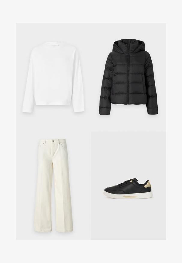 Casaco puffer preto com fecho éclair à frente e capuz. Apresenta secções verticais acolchoadas e punhos elásticos, feito de um material liso e leve.; Gina Tricot BASIC LONG SLEEVE TEE - Camisola de manga comprida - white; Calças jeans brancas de perna larga, feitas de tecido de algodão misto. Apresentam fecho de correr, design de cinco bolsos e costura ao longo das costuras.; Sapatilha preta em couro com textura suave, sola de borracha branca, detalhes em dourado no calcanhar e nos ilhós, apresentando um logotipo na lateral.