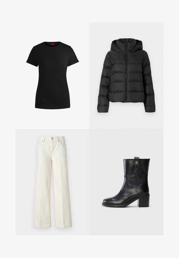 Casaco puffer preto com fecho éclair à frente e capuz. Apresenta secções verticais acolchoadas e punhos elásticos, feito de um material liso e leve.; T-shirt de algodão preto com mangas curtas enroladas, decote redondo e um rótulo vermelho. Textura suave, forma ajustada com detalhes mínimos.; Calças jeans brancas de perna larga, feitas de tecido de algodão misto. Apresentam fecho de correr, design de cinco bolsos e costura ao longo das costuras.; Bota de couro preta até à metade da panturrilha com salto bloco e logótipo dourado "TH" na pega, em fundo branco.