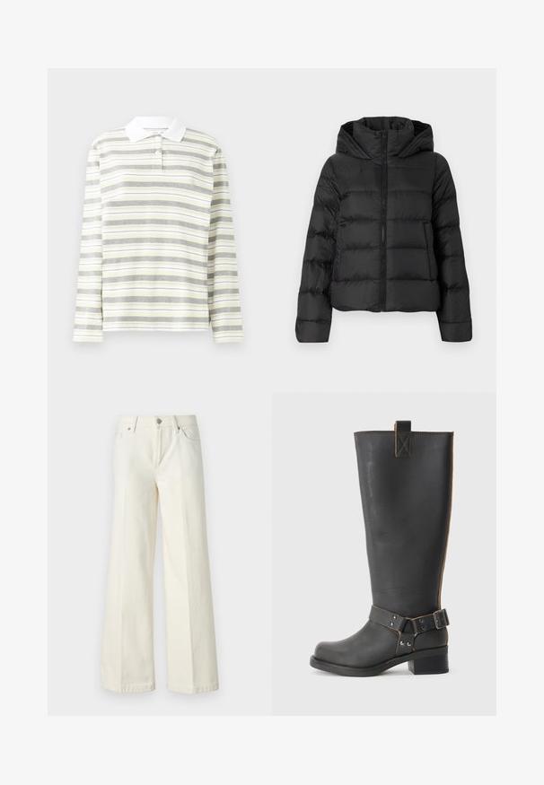 Doudoune noire avec fermeture éclair à l'avant et capuche. Caractéristiques des sections matelassées verticales et des poignets élastiques, fabriquée dans un matériau lisse et léger.; Polo à manches longues, en mélange de coton léger, présente des rayures verticales alternées en gris, jaune et blanc. Col blanc et trois boutons.; Jean blanc à jambes larges en tissu mélangé de coton. Caractéristiques : fermeture à glissière, format cinq poches et coutures le long des coutures.; Bottes noires en cuir, montantes jusqu'au genou, avec une finition texturée, présentant une boucle sur le côté et un talon bas. Couture détaillée le long des coutures.