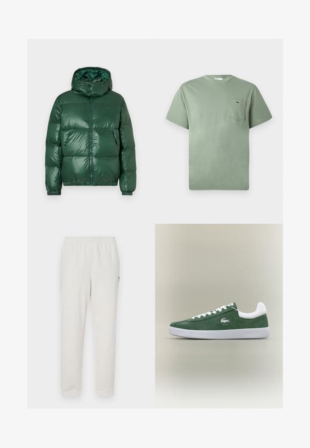 Grüne Daunenjacke mit glänzender Oberfläche, ausgestattet mit Kapuze, Reißverschluss, elastischen Bündchen und auffälligen gesteppte Bereichen zur Isolierung.; Hellgrünes Baumwoll-T-Shirt mit kurzen Ärmeln und einer Brusttasche, die ein kleines gesticktes Krokodil-Logo zeigt.; Cremfarbene Jogginghosen mit elastischem Bund, schmal zulaufenden Beinen und einem kleinen Logo am linken Oberschenkel. Weicher Stoff, minimalistisches Design.; Niedrig geschnittene grüne Wildleder-Sneaker mit weißen Schnürsenkeln, weißer Sohle, gepolstertem Fersenkragen und gesticktem Krokodil-Logo mit dem Text "EST. 1933".