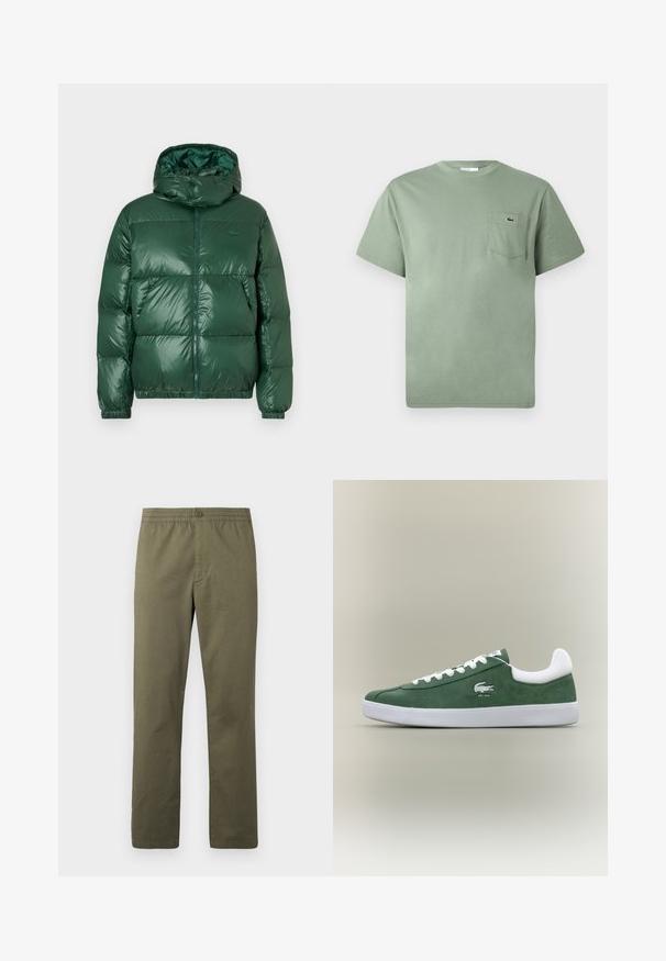 Groene pufferjas met een glanzende afwerking, voorzien van een capuchon, ritsluiting, elastische manchetten en opvallende gestikte delen voor isolatie.; Lichtgroene katoenen T-shirt met korte mouwen en een borstzak, voorzien van een klein geborduurd krokodillenlogo.; Lacoste Broek - olive; Laagprofiel groene suede sneaker met witte veters, witte zool, gevoerde enkelkraag en geborduurd krokodillenlogo met de tekst "EST. 1933".
