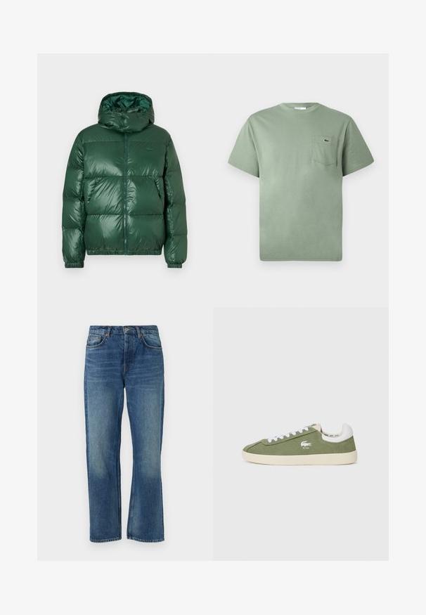 Green puffer jacket with a glossy finish, featuring a hood, zip closure, elastic cuffs, and prominent quilted sections for insulation.; Light green short-sleeve cotton T-shirt with a chest pocket featuring a small embroidered crocodile logo.; Blue denim jeans with a straight cut, featuring a classic five-pocket design, faded texture, and copper rivet accents.; Green canvas sneakers with white laces and a white heel cap. Features a Lacoste logo in white. Classic low-top silhouette and rubber sole.